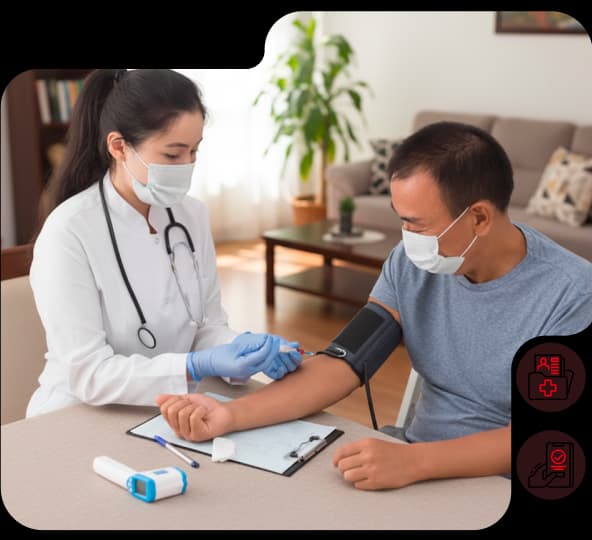 Healthcare professional visiting a patient at home for consultation & medical services in Malaysia.