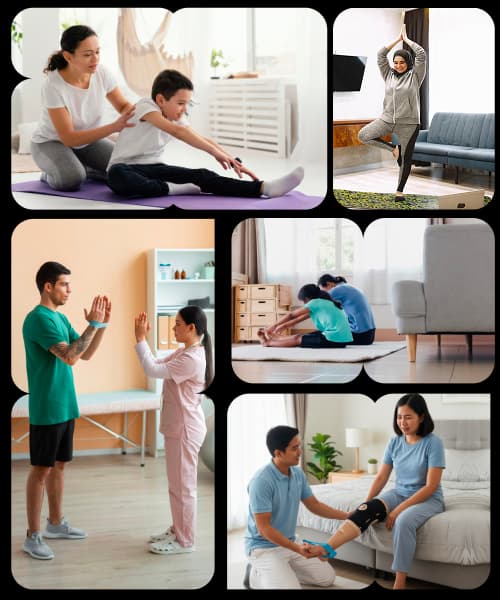Patients of all ages receiving home physiotherapy services tailored to recovery and mobility needs.